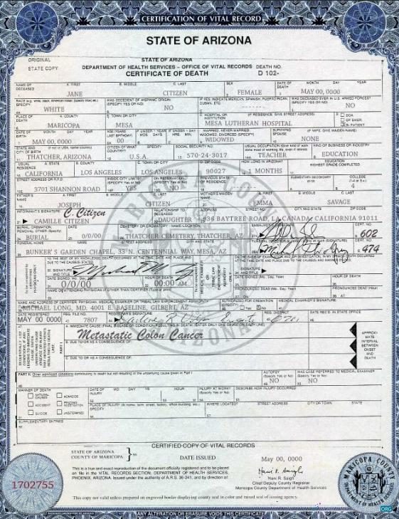 Download USA state Arizona death certificate template in PSD format, version 2 Photoshop template